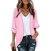 LILBETTER Women Lightweight Chiffon Kimono Cardigan Puff Sleeve with Lace Loose Beach Wear Cover Up Blouse Top