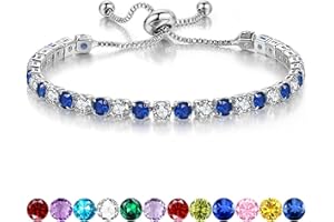 SFONI Birthstone Bracelet for Women, Silver Tennis Bracelets with Cubic Zirconia Adjustable Slider Bracelet Birthday Mother's Day Graduation Gifts for Her Mom Wife Girlfriend