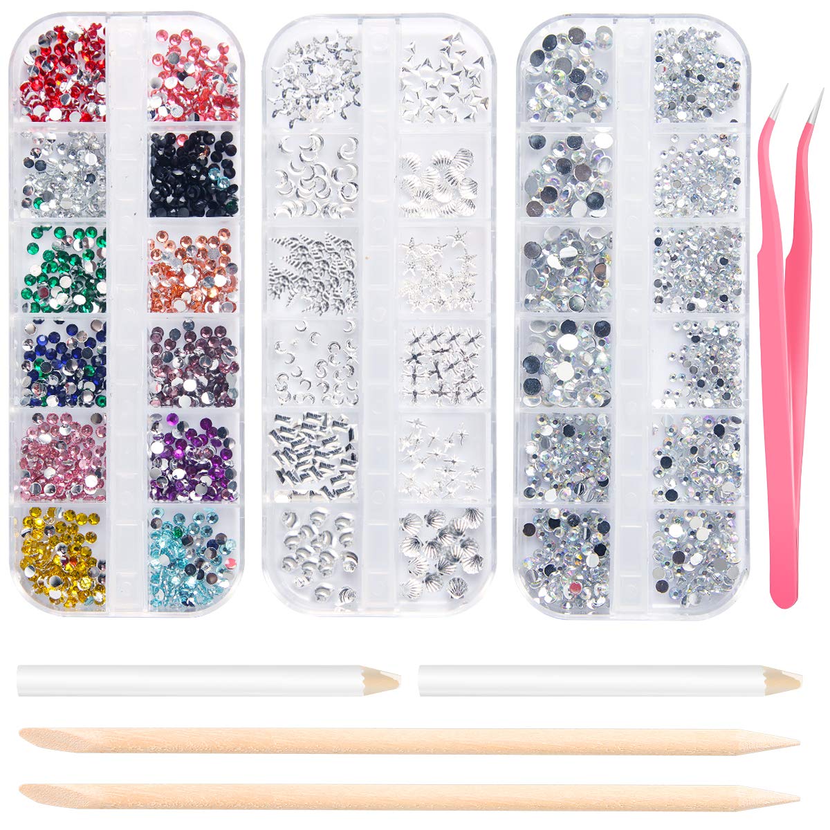 Nail Art Rhinestones and Nail Gems 3 Boxs, Flat Nail Crystals Clear Rhinestones Mix Sizes with 2 Rhinestone Picker Tool Pens, 2 Nail Wooden Sticks and 1 Pink Tweezer