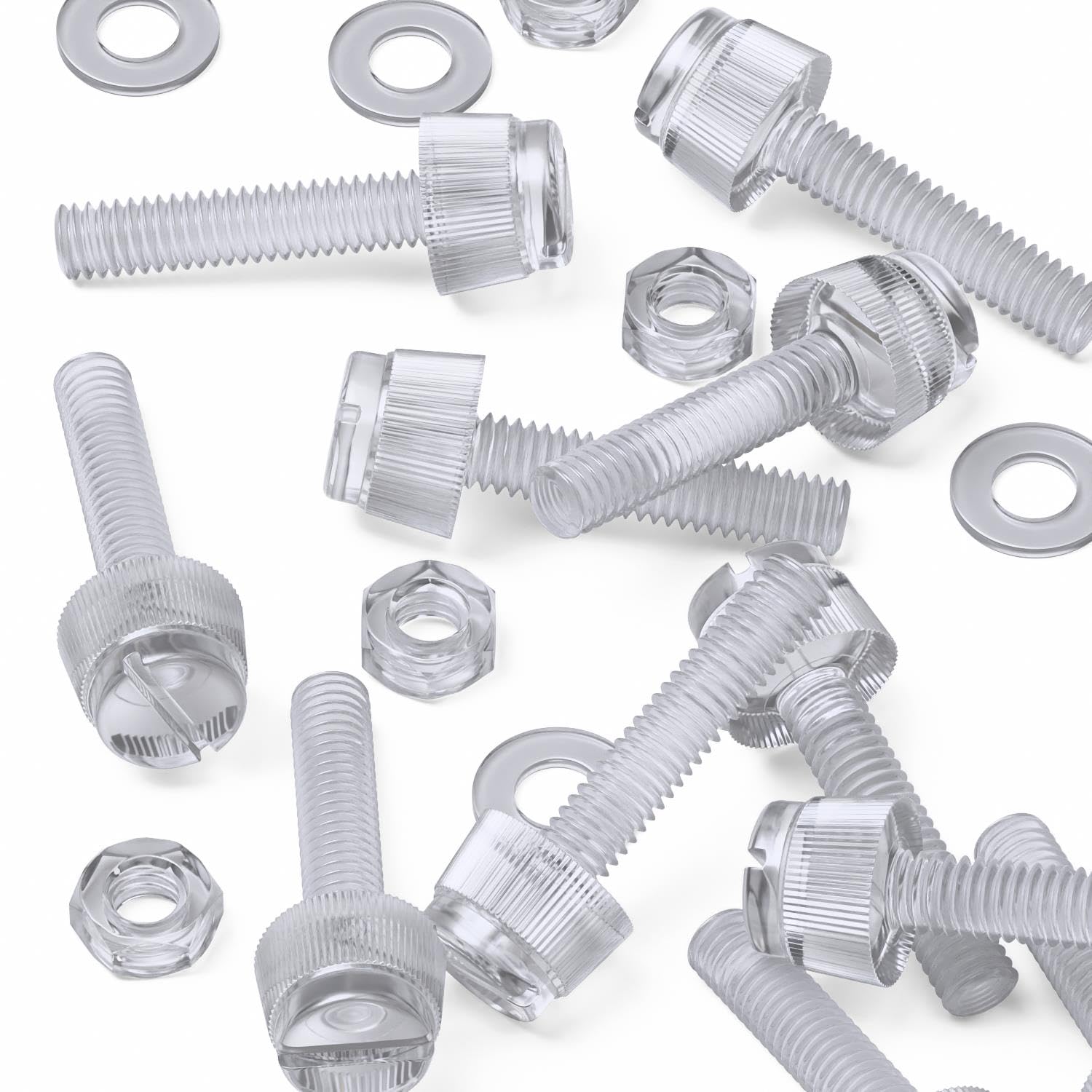 60x Transparent Clear Plastic Acrylic Thumbscrews, Slotted+knurled M4 x 20mm, Nuts, Washers & Bolts