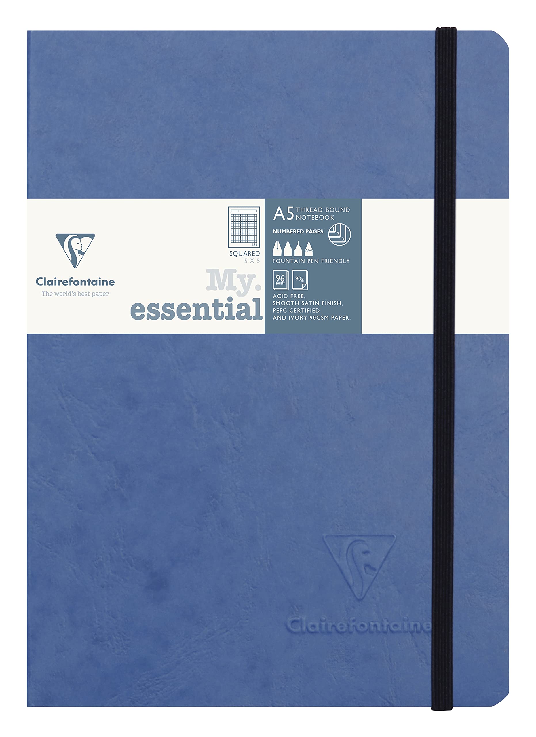 Clairefontaine 793424C Collection Age Bag - Stitched MyEssential Blue Elastic Notebook A5 14,8x21cm - 192 Pages Small Squares - Ivory Paper 90g - Leather Cover
