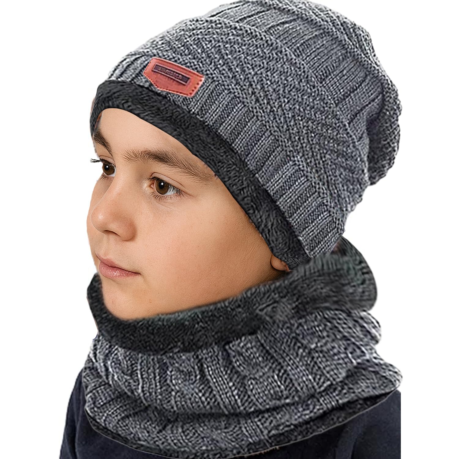 ZZLAY Kids Winter Thick Beanie Hat Scarf Set Slouchy Warm Snow Knit Skull Cap Gray