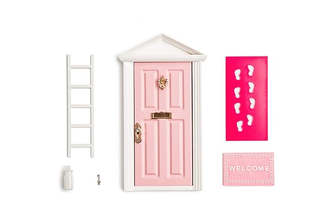 Wooden Fairy Doors The Little Fairy Door Thats Open with Free Fairy Door Accessories Pink Fairy Door Open Outwards Come with Fairy Key,Dust,Foot Printer,Welcome Mat