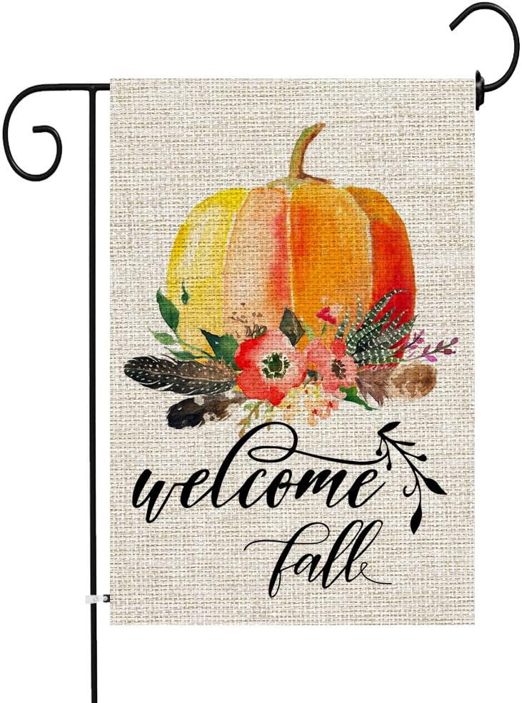 JOCACTI Welcome Fall Pumpkin Garden Flag 12.5 x 18 Inches Vertical Double Sided Farmhouse Autumn Burlap Yard Outdoor Decor, with Rubber Stopper and Anti-Wind Clip