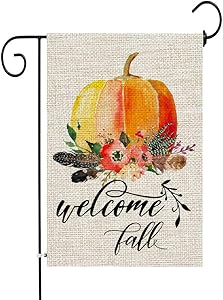 JOCACTI Welcome Fall Pumpkin Garden Flag 12.5 x 18 Inches Vertical Double Sided Farmhouse Autumn Burlap Yard Outdoor Decor, with Rubber Stopper and Anti-Wind Clip