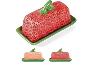 MAMALUCKY Butter Dish with Lid for Countertop,Ceramic Coverd Container for Refrigerator,Unique Pottery Keepers for Counter,Cute Strawberry Butter Tray,Butter Stick Holder Storage(Red)