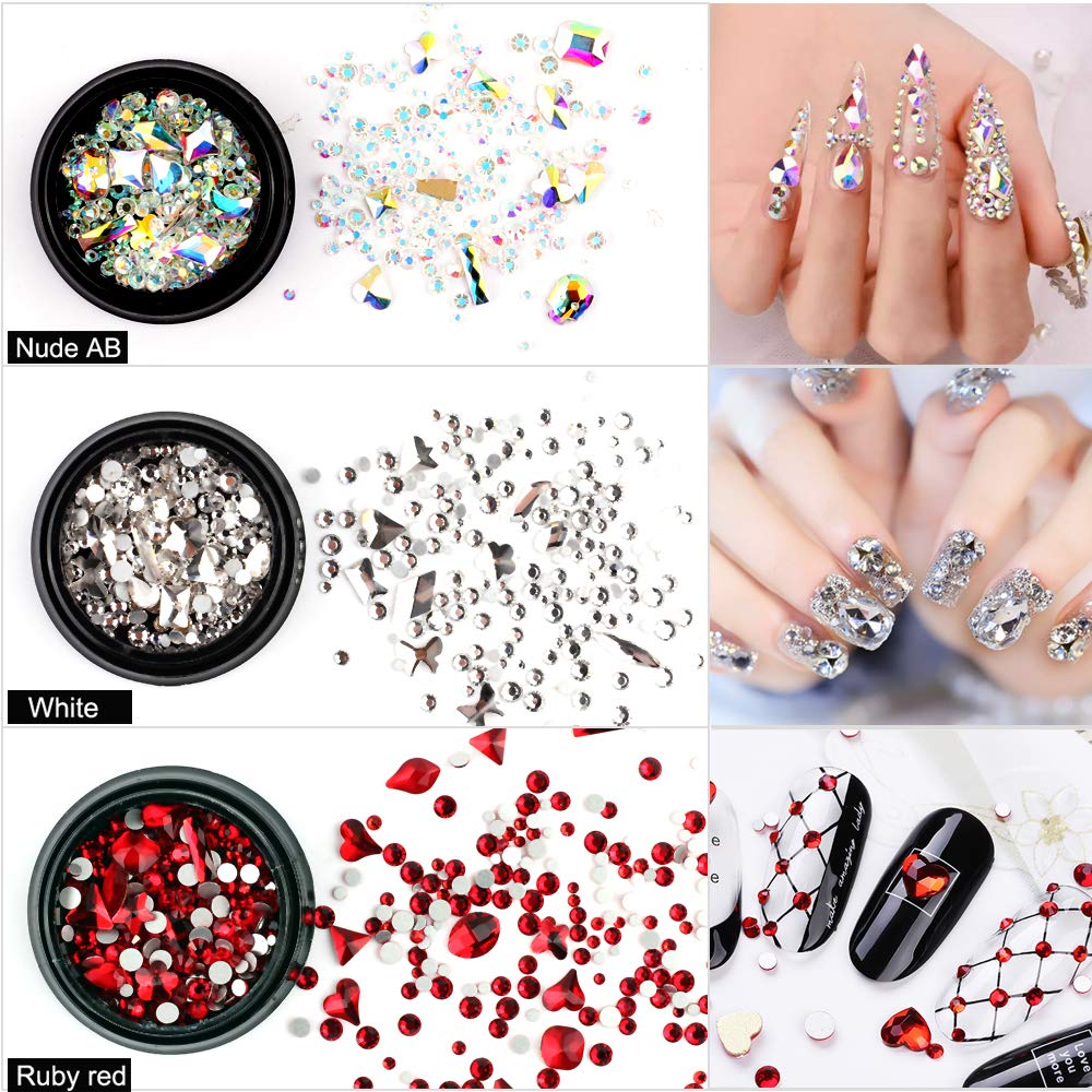 6 Pack Mixed Nail Art Rhinestone Nail Art Decorations Accessories Flat Base Nail Jewelry Glass Rhinestone Crystal Best for Manicure DIY Mobile Phone Shell Jewelry Makeup 3D Decoration: Beauty