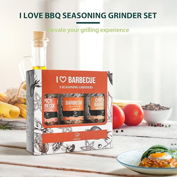 SOEOS SPICE SEASONING SET OF 3, 5.2OZ(146G), WITH INTEGRATED GRINDERS, SALT AND PEPPER GRINDER SET, PURE AND FRESH PERFECT FOR BBQ SEASONING GIFT SET, GRILLING SPICE, HERB, SPICE & SEASONING GIFTS