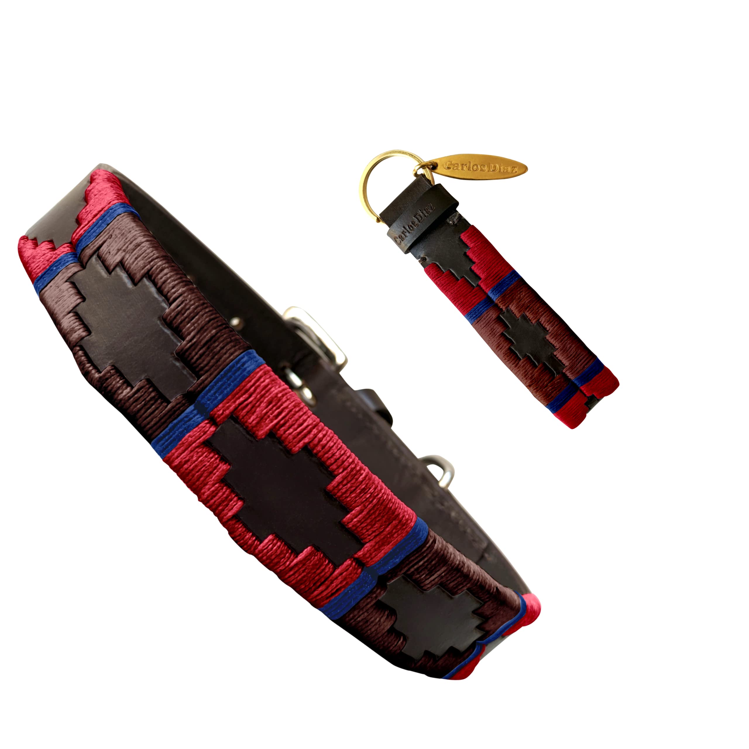 Carlos Diaz Genuine Leather Waxed Embroidered Polo Dog Collar M