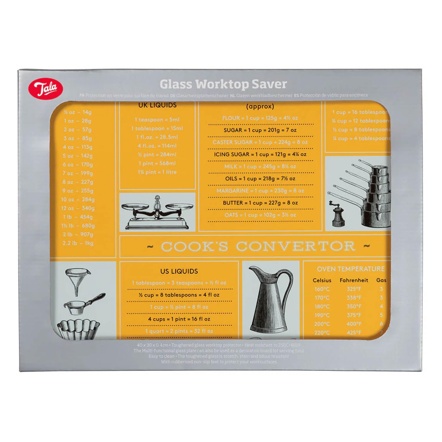 Tala Conversion Design Toughened Glass Chopping Board and Work Top Saver, Non-Slip Multi-Functional Tool for Protecting Work Surfaces While preparing Foods, Measures 30cm x 40cm, Yellow