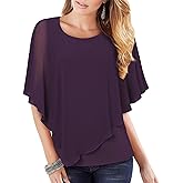 Lotusmile Women's Lightweight Flowy Shirt Double-Layered Printed Chiffon Poncho Blouse Top
