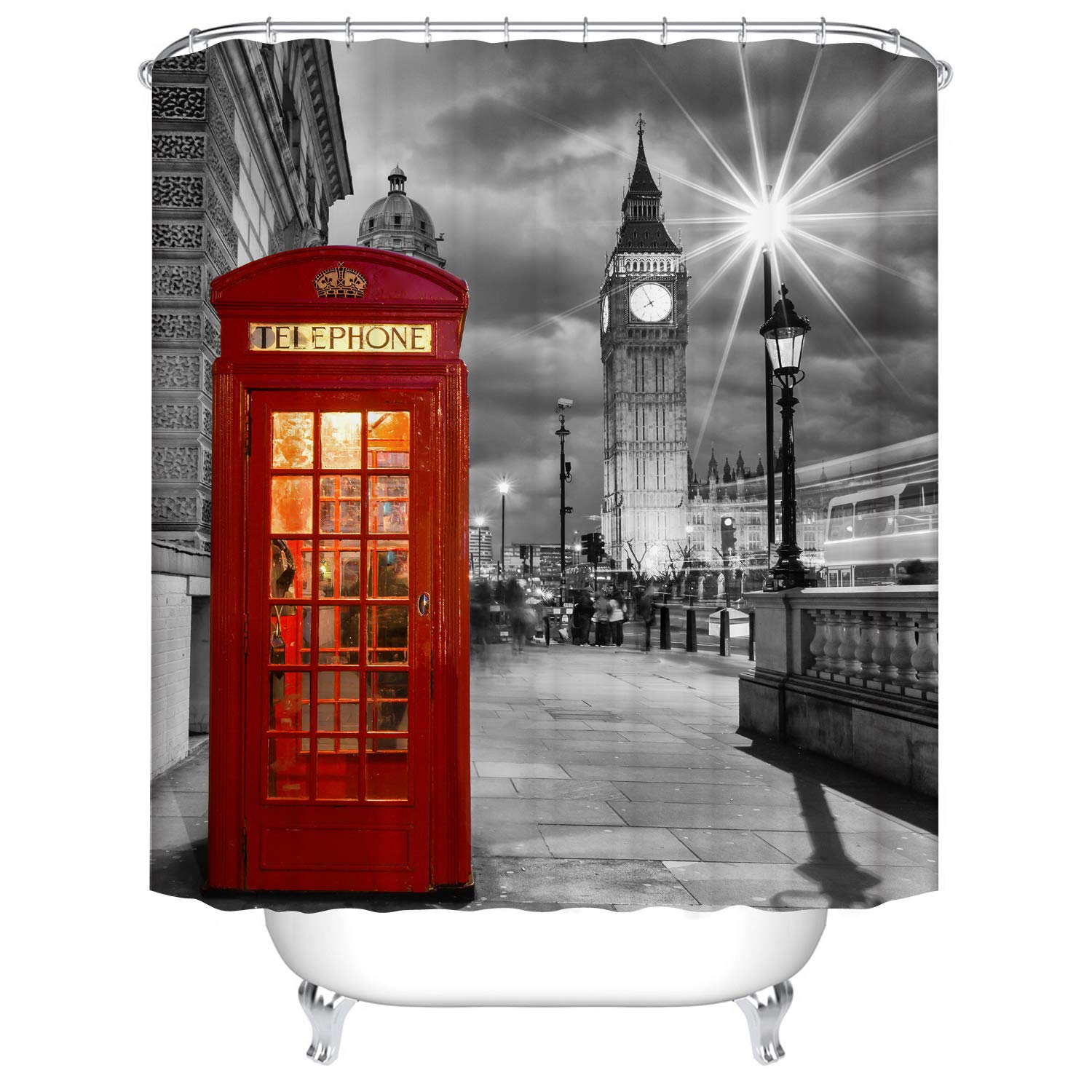 London Red Telephon Booth Shower Curtain, England City Big Ben Tower Old Street at Night Scenery Bathroom Curtain , 180 x 180 cm