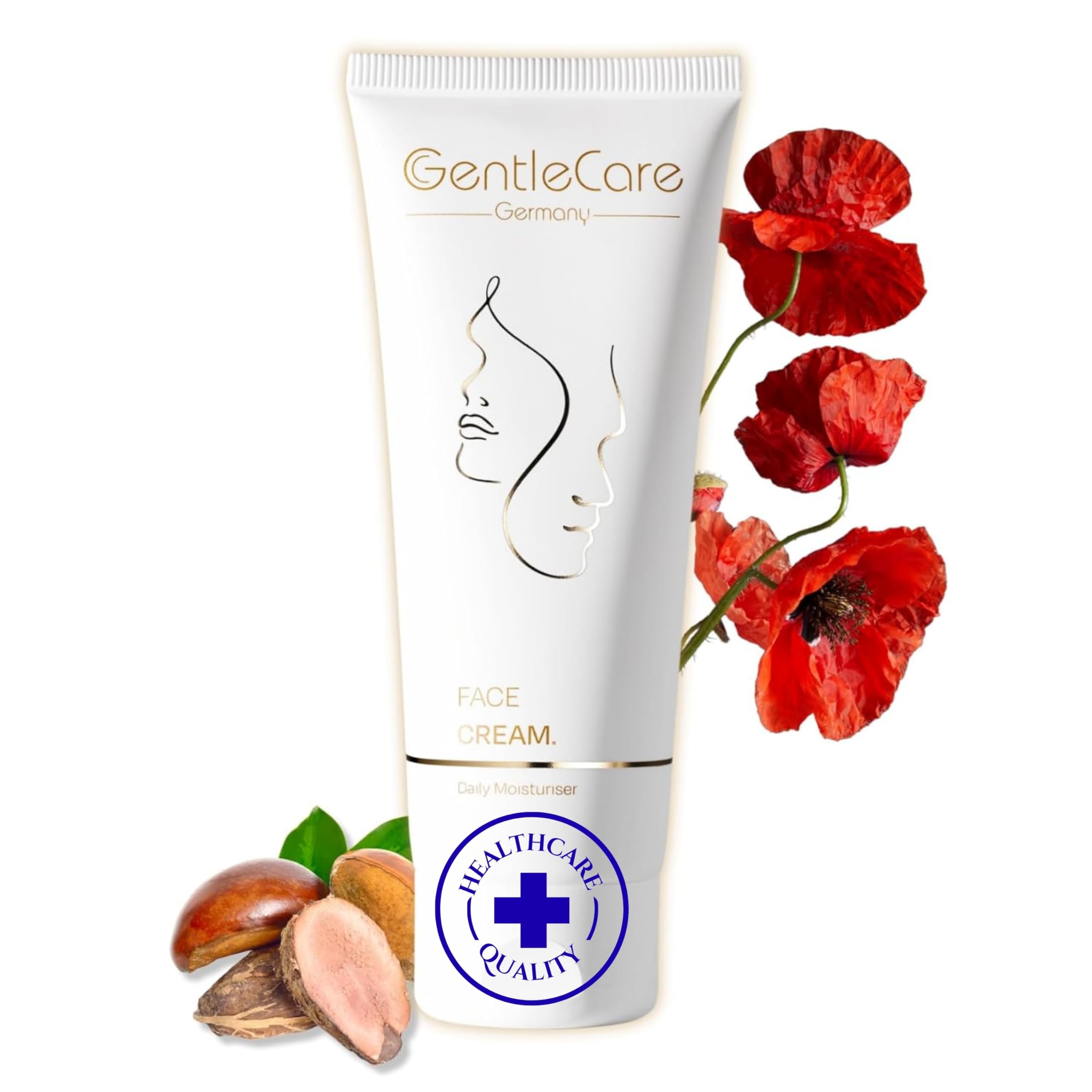 GentleCare Face Cream - For Dry and Sensitive Skin - With Astaxanthin, Shea Butter, Squalane and Poppy Seed Oil - Professional-Grade Fast-Absorbing Moisturiser - 75ml