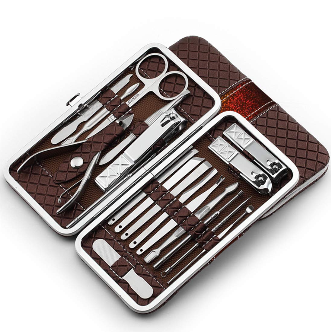 LORYLOLY 15 18 21 pcs Nail Clipper set Manicure Set with Leather Case, Medical Grade Stainless Steel Personal Facial Hand Foot Care Tool Kits, Compact Manicure Pedicure Grooming Set for Home & Travel