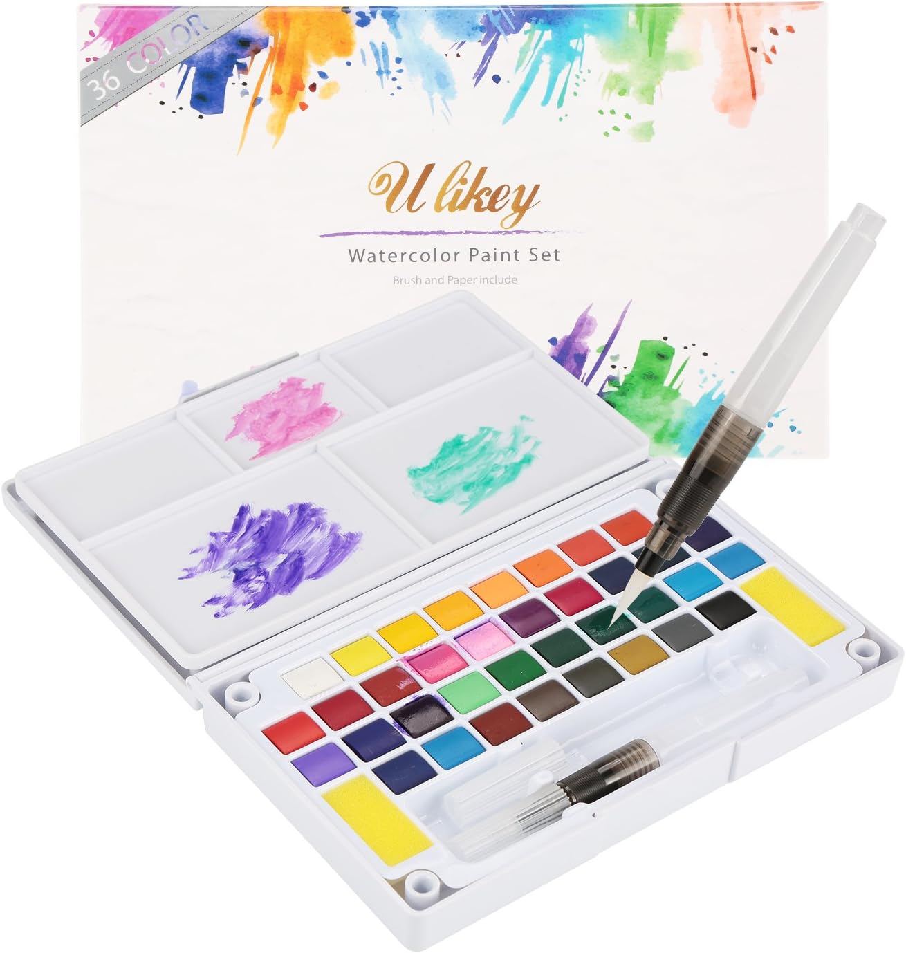 Ulikey36 Colors Solid Watercolor Paint Pigment with Water Brush Watercolor Paper Metal Box for Students Artists Painting Drawing Supplies (A)