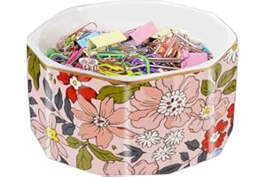 LEAZUL Ceramic Paper Clip Holder Gold Line Paper Clip Dispenser Organizer for Desk Cute Floral Pattern Office Binder Clip Holder Bobby Pin and Hair Clip Holder Gift for Office Pink Flowers