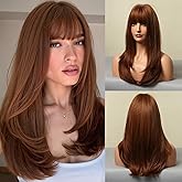 HAIRCUBE Reddish Brown Wigs for Women Long Straight Red Wigs with Bangs Heat Resistant Fiber Synthetic Wigs Daily Natural looking