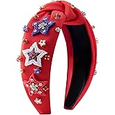 Haqptul Fourth of July Headband for Women Girls American Flag USA Knotted Crystal Rhinestone Jeweled Hairband Red White and Blue Patriotic Hair Accessories