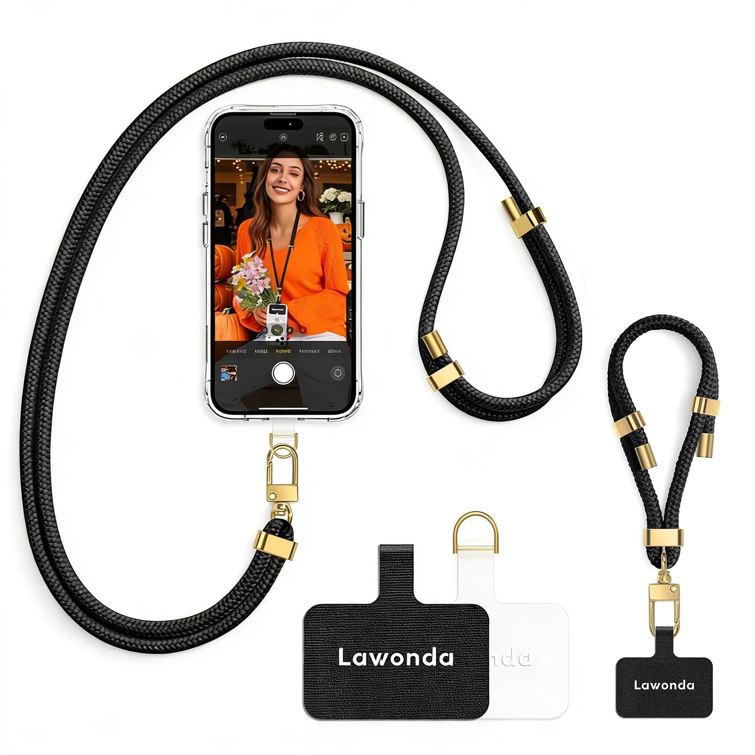Lawonda 2 Pads Phone Lanyard Crossbody Adjustable Anti Theft Cell Phone Strap for Travel Essentials, Premium Metal Buckles, Universal Neck Wrist Lanyard 2pcs Phone Tether Tab (Black/Gold)