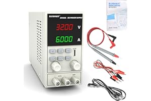 DC Power Supply,HANDSKIT Bench Power Supply 32V 6A Variable Adjustable Switching Regulated Power Supply OVP OCP Digital LED Display with Multimeter Test Lead,Alligator Clip and Plug Adapter Power Cord
