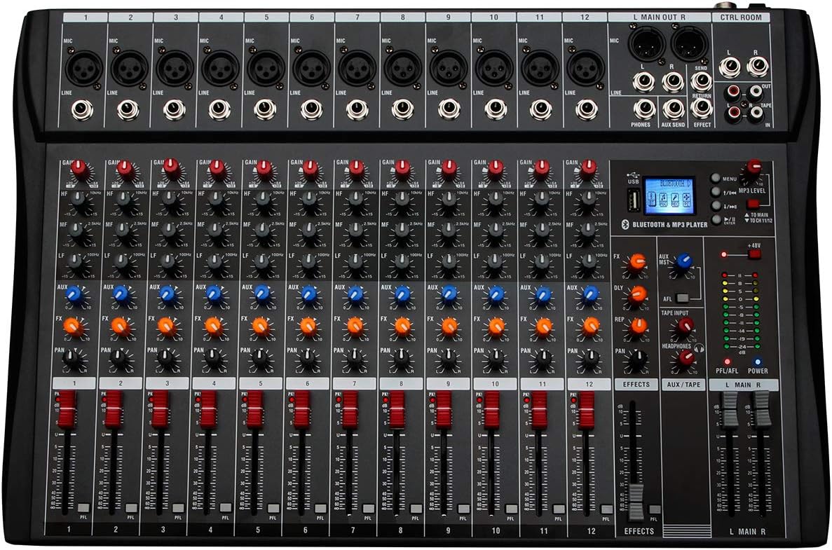Depusheng 12 Channel Karaoke Audio Mixer Professional Bluetooth Live Studio Mixing Console Digital Audio Mixer with USB 48V