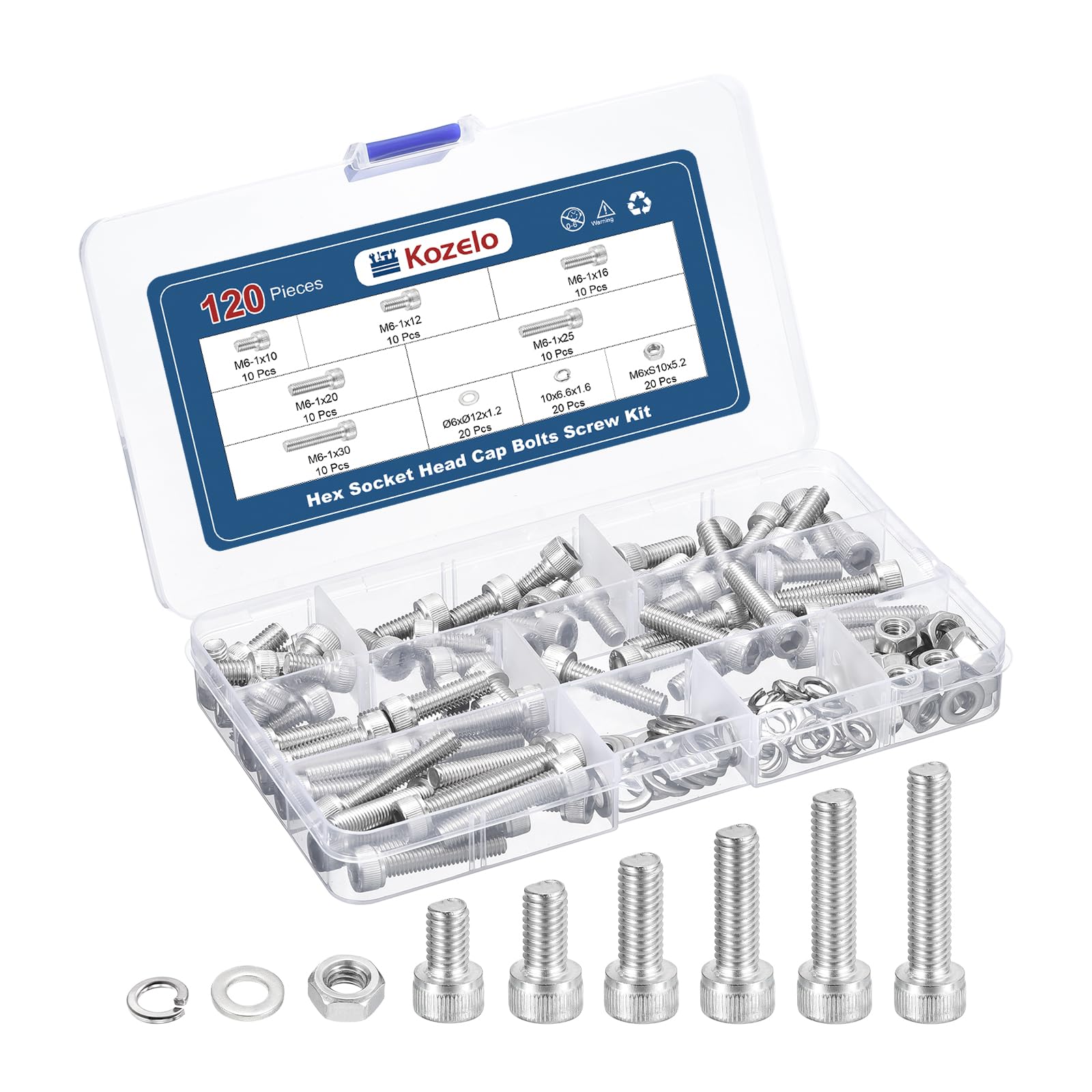 Kozelo 120pcs M6 Socket Head Cap Screws Bolts Nuts Assortment Kit - [M6x10/12/16/20/25/30mm] 304 Stainless Steel Allen Socket Drive for 3D Printer