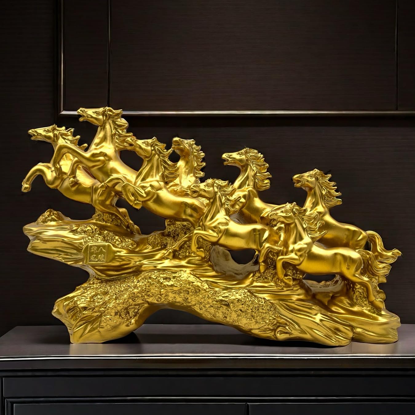 Photo 1 of Chinese Feng Shui Horses Statue Sculpture - Resin Running Horse Figurines Home Office Decoration Tabletop Decor Ornaments for Wealth and Success Good Lucky Gifts Gold