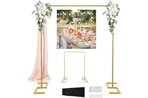 ANTIZZ 8.2FT Square Wedding Arch Backdrop Stand,Balloon Arch Stand, Metal Gold Backdrop Adjustable Stand Heavy Duty, Extra 2 Clamps Change Over The Table Rod Stand for Party Decoration,Garden Trellis Frame