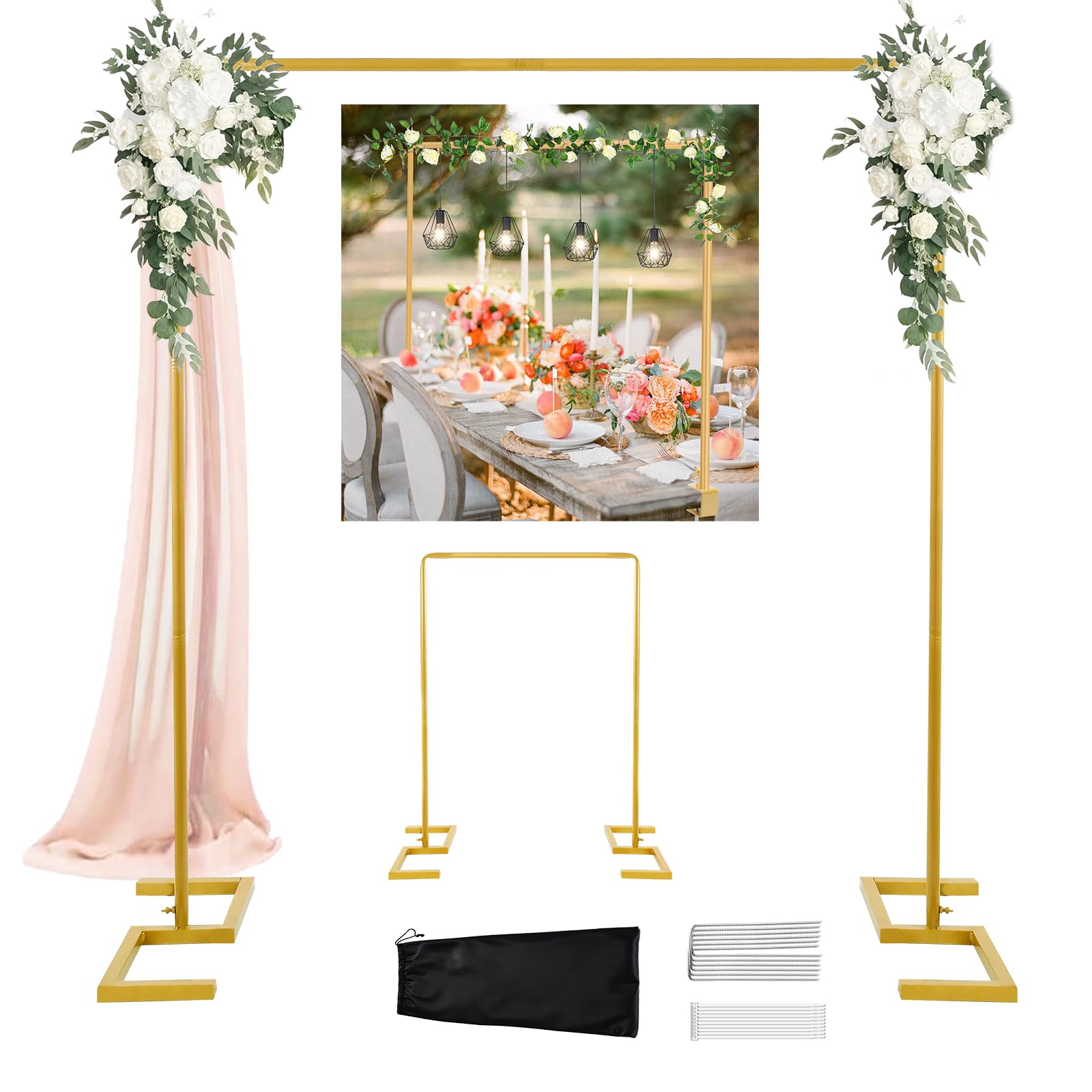 Photo 1 of 8.2FT Square Wedding Arch Backdrop Stand,Balloon Arch Stand, Metal Gold Backdrop Adjustable Stand Heavy Duty, Extra 2 Clamps Change Over The Table Rod Stand for Party Decoration,Garden Trellis Frame