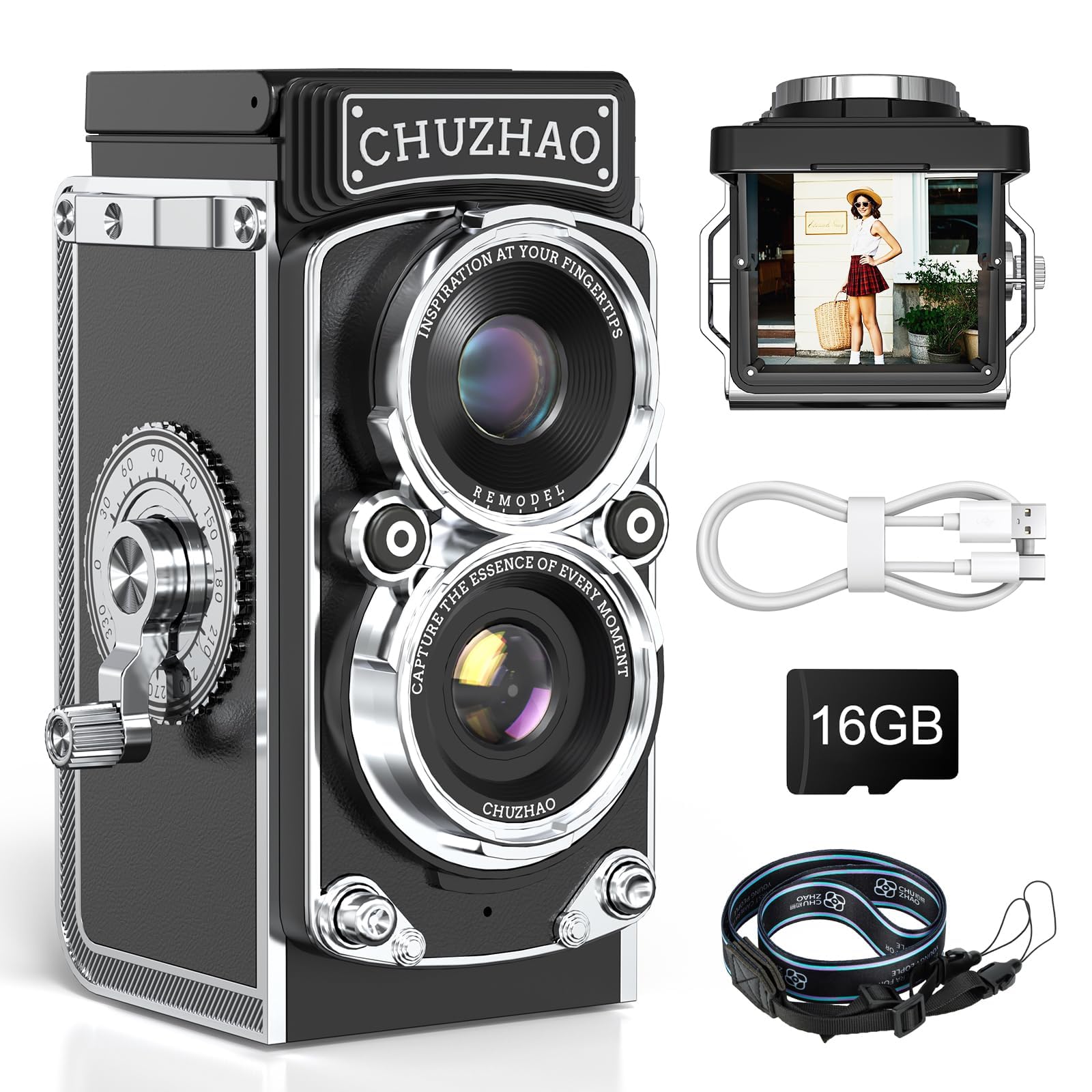 Photo 1 of CHUZHAO Digital Camera Retro Portable Mini Vintage Camera Digital TLR Vintage Old Style Camera with 12MP Photos 1080P FHD Video Auto Focus - Black