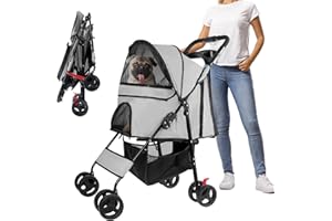 Pet Stroller 4 Wheels Dog Stroller by YOUMI, Pet Gear with Cup Holder & Safety Belt for S/M Dogs On The Trip, Pet Rover with Storage Basket (Light Grey)