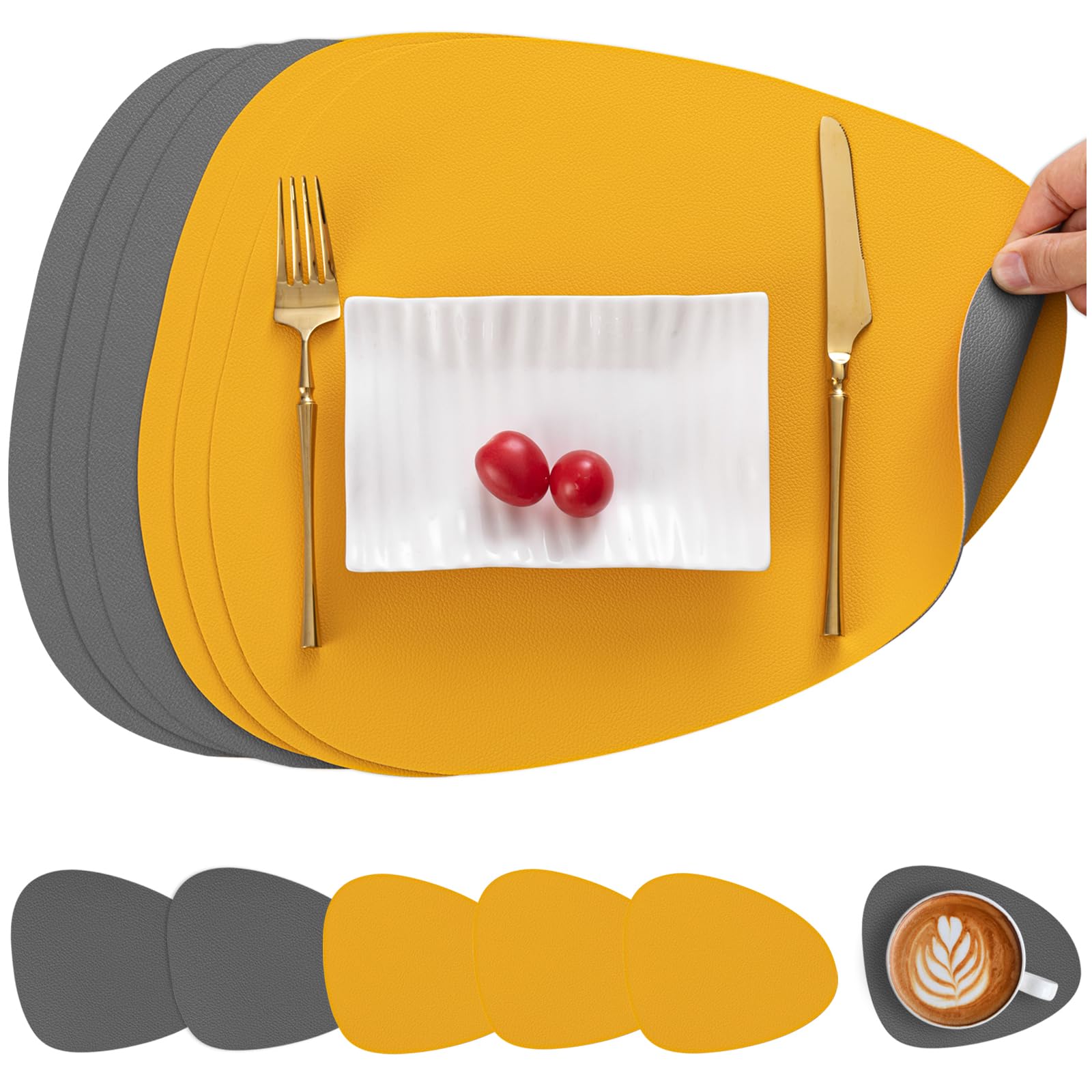 Myir JUN Leather Table Mats and Coasters, Placemat Round PU Waterproof Dual-Sided Kitchen Place Mats Coffee Mats Non-Slip Washable Placemats and Coaster Sets 6 (Set of 6, Grey Yellow)
