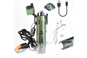 Bistfy Electric Lighter with Flashlight, Dual Arc USB Rechargeable Waterproof and Windproof Flameless Plasma Lighter with Emergency Compass, Whistle and Lanyard for Camping Hiking Survival Gear