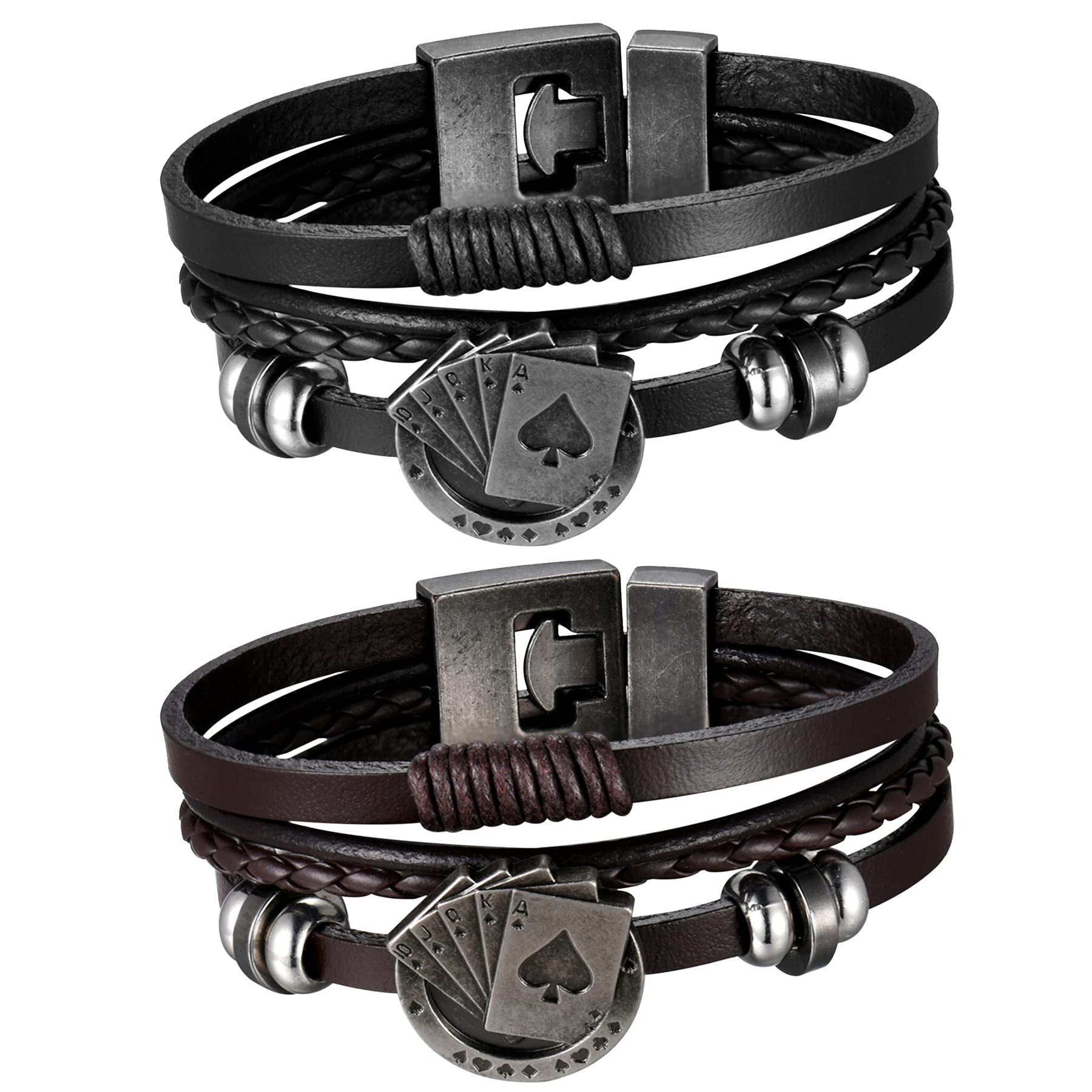 JewelryWe 2PCS Leather Wrap Bracelet Retro Ethnic Poker Playing Card Charm Braided Leather Bracelets for Men Women