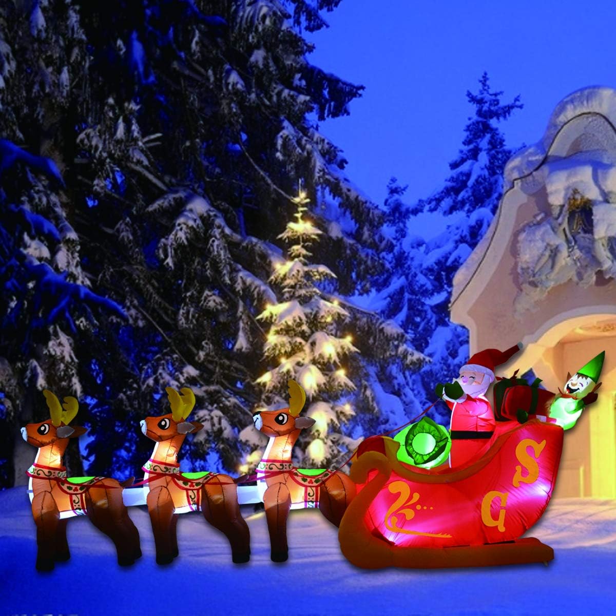 GOOSH 12 Foot Christmas Inflatable Decoration Santa Claus on Sleigh with 3 Reindeer LED Lights Indoor Outdoor Yard Lawn Decoration - Cute Fun Xmas Holiday Blow Up Party Display