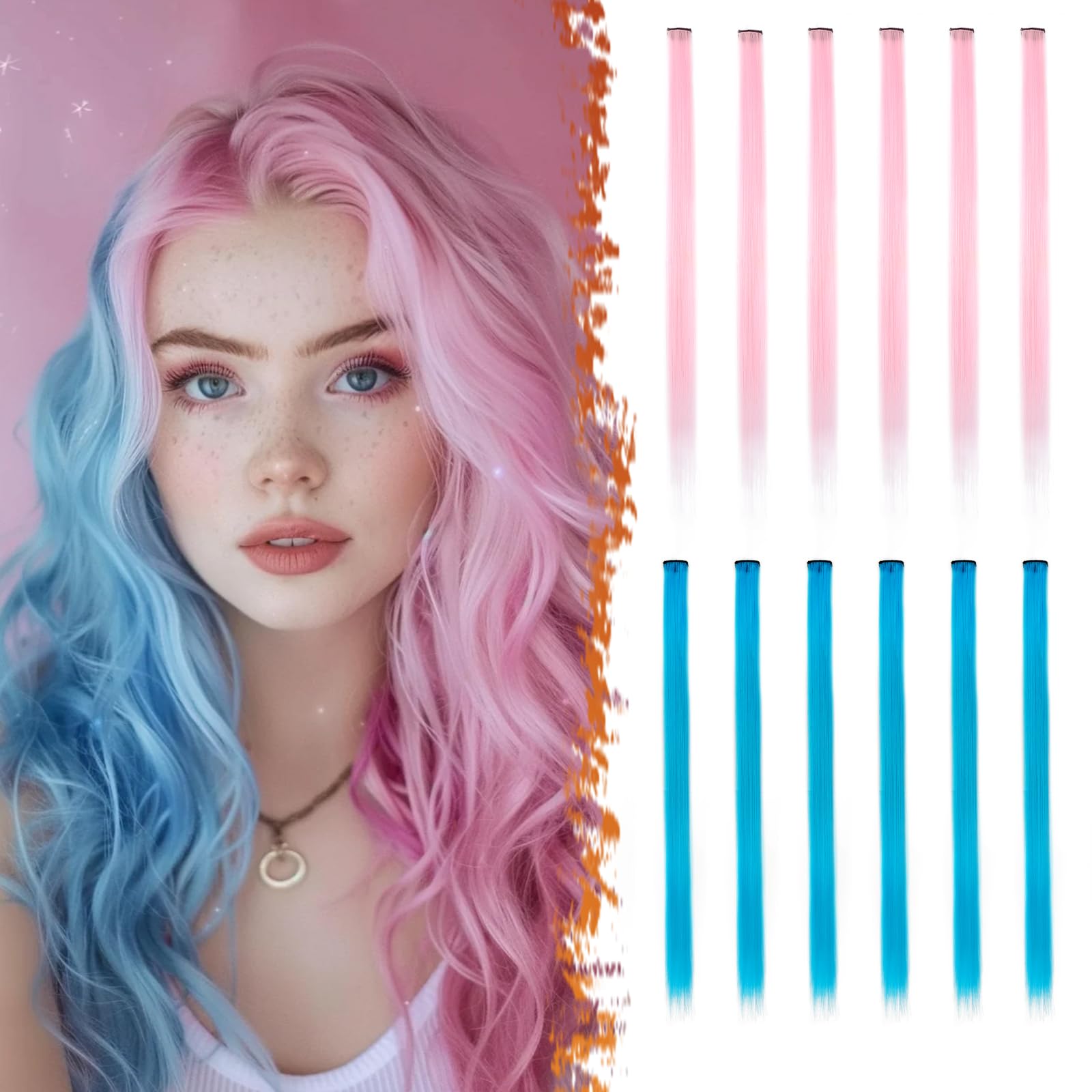 BARSDAR Coloured Hair Extensions for Women, 12 PCS Colored Clip in Hair Extensions Rainbow Party Highlights Synthetic Hairpieces 21 Inch Light Pink & Sky Blue Extensions with Rubber Bands