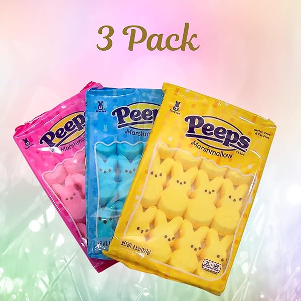 PEEPS EASTER MARSHMALLOW BUNNIES, PINK BLUE YELLOW, 4.5 OZ, 12 COUNT, 3 PACK