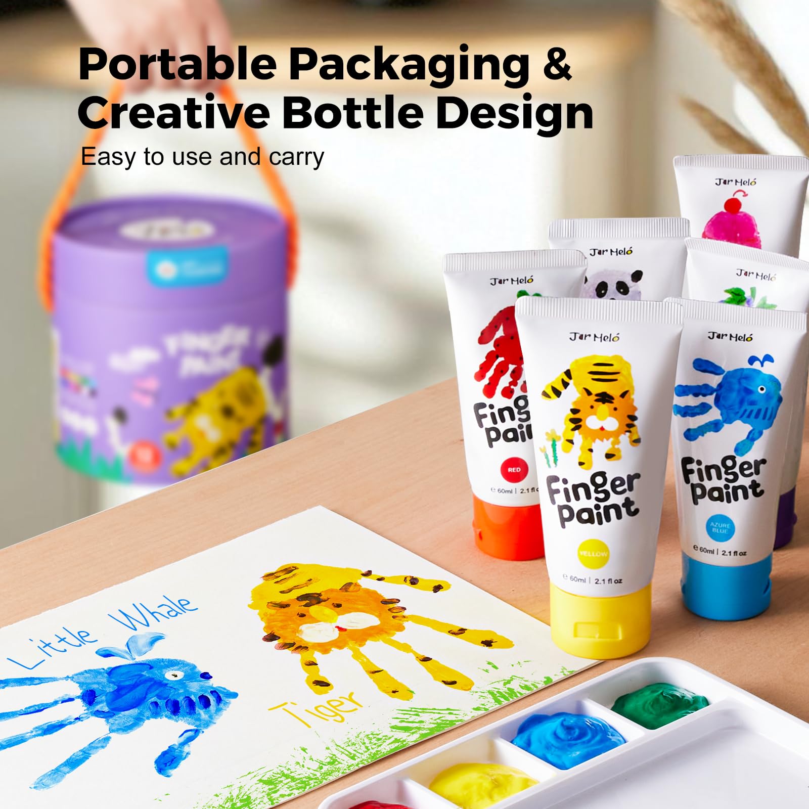 Jar Melo Washable Finger Paints for Toddlers, 10 Colors Large Capacity (2.1fl oz), Non Toxic Baby Paint for Hand and Feet, Safe Art Supplies, Preschool Learning Gifts for Kids Age 2+