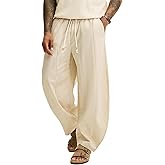 JEMLDL Men's Baggy Cotton Linen Pants Pleated Barrel Leg Trousers Drawstring Summer Beach Casual Pants