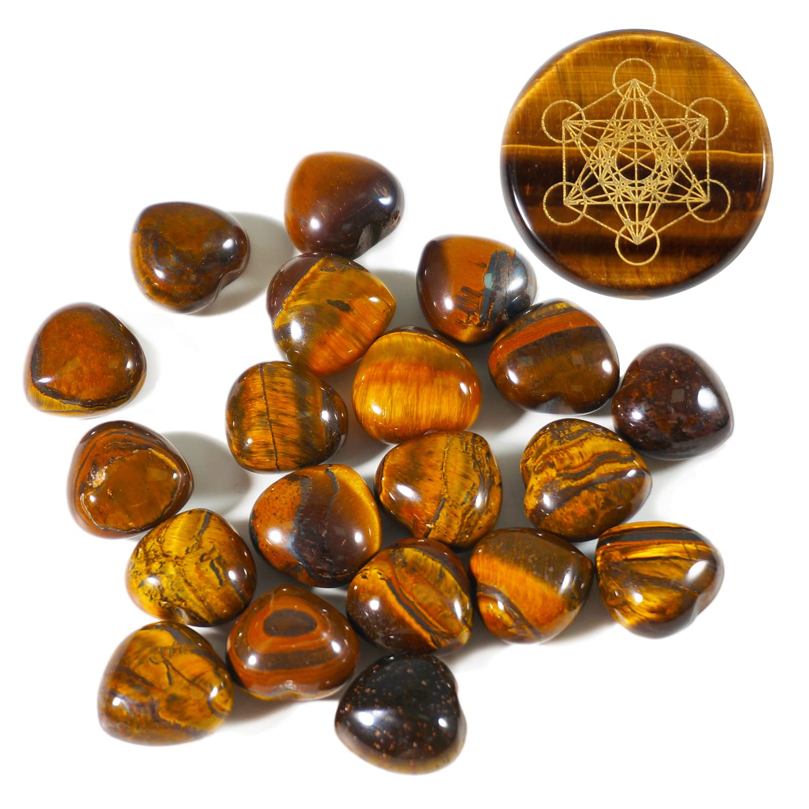 Healing Crystal Natural Tiger Eye Crystal Heart Shape Love Stone Pocket Stone Metatron's Cube Tiger Eye Crystal Round Thumb Plam Stone Disc