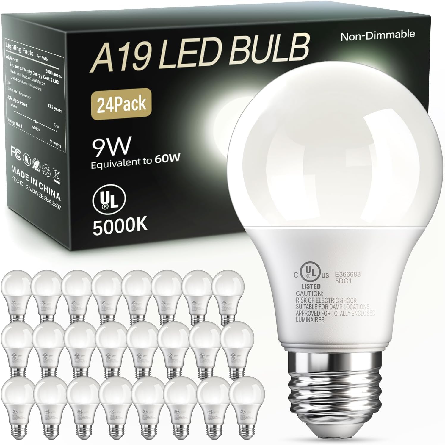 TJOY 24 Pack A19 LED Light Bulbs, 60 Watt Equivalent LED Bulb, Efficient 9W, Daylight 5000K, E26 Standard Base, Bright White Light Lamp, Non Dimmable, Energy Saving, 800LM, 80 CRI, 120V, UL Listed Image