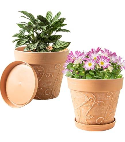 Yishang Lot De 3 Grands Pots De Fleurs En Argile Avec Trou De Drainage Et Soucoupes Pour Plantes D'intérieur Et D'extérieur - 15,2 Cm, 17,8 Cm Et 20,3 Cm
