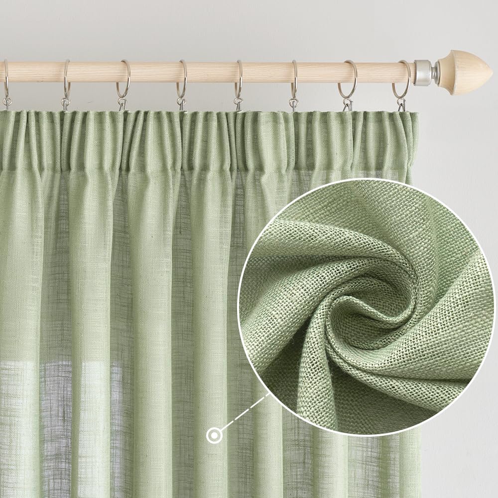EMEMA Curtains, Linen Curtain with Ruffle Tape, Voile Curtain, Linen Look, Modern, Semi-Transparent for Living Room, Decorative Curtain, Kitchen Curtains, Tab-Top Curtain, Children's Room, Green, 140
