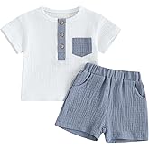 fhutpw Baby Boy Summer Outfits Henley Shirt Soft Pocket Short Sleeve Tops & Shorts Sets Infant 3 6 12 18 Months 2T Clothes