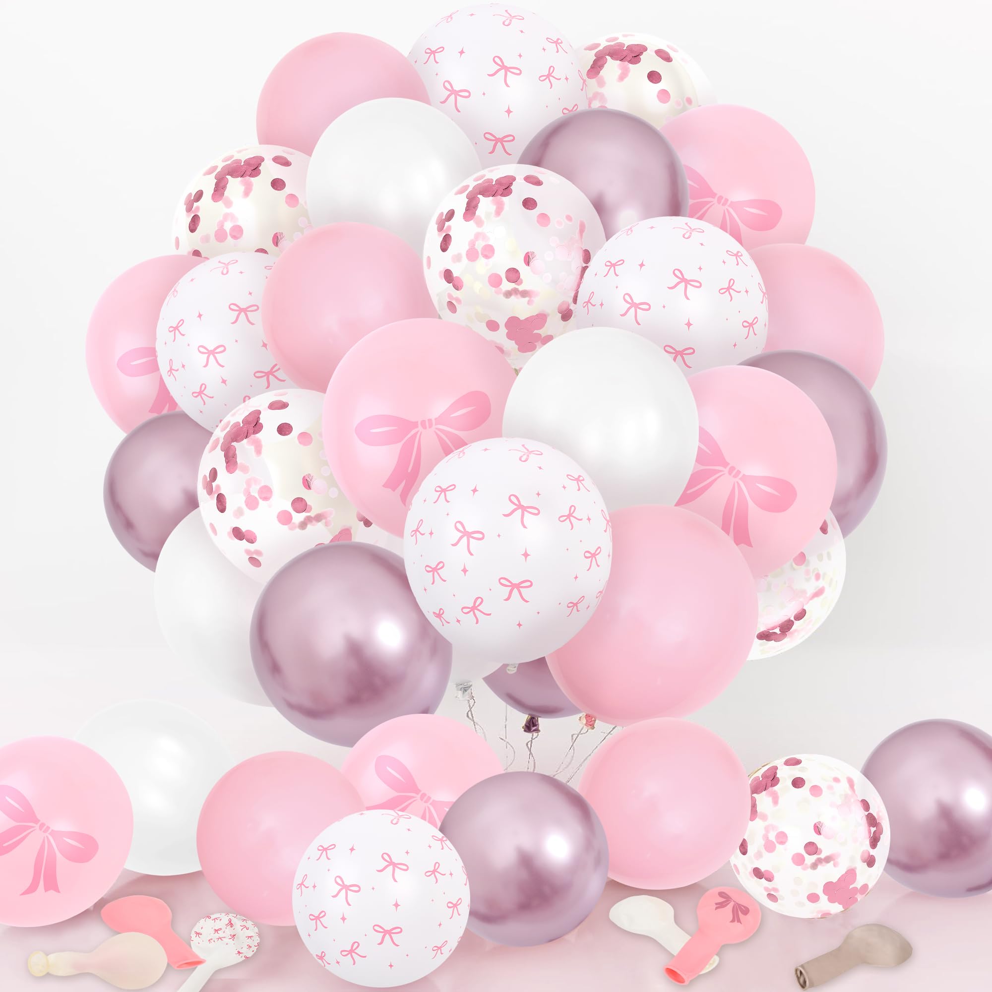 60Pcs Bow Balloons, Pink and White Latex Balloons Confetti Helium Balloon Bows Printed Birthday Party Balloons Pink Bow Party Decoration for Women Engagement Wedding Anniversary