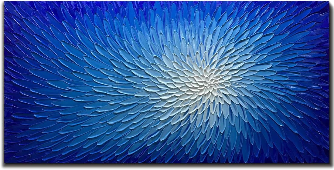 Paintings - AMEI Art,30x60 Inch Ocean Blue White Abstract Wall Art 3D Hand-Painted Oil Paintings Modern Artwork Textured Flower Canvas Paintings Wood Inside Framed Wood Inside Framed Ready to Hang