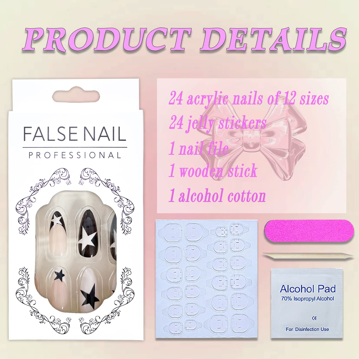 Press on Nails Medium Almond French Tip Fake Nails Full Cover False Nails with Black and White Stars Designs Y2K Press on Nails Glossy Glue on Nails Artificial Acrylic Nails for Women Girls 24 pcs - Image 3