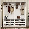 AIEGLE Large 3-in-1 Entryway Hall Tree with Shoe Bench and Coat Rack with 18 Shoe Storage Cube and 6 Hanging Hooks, White (63" L x 17.3" W x 66.9" H)