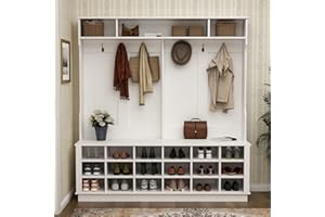 AIEGLE Large 3-in-1 Entryway Hall Tree with Shoe Bench and Coat Rack with 18 Shoe Storage Cube and 6 Hanging Hooks, White (63" L x 17.3" W x 66.9" H)