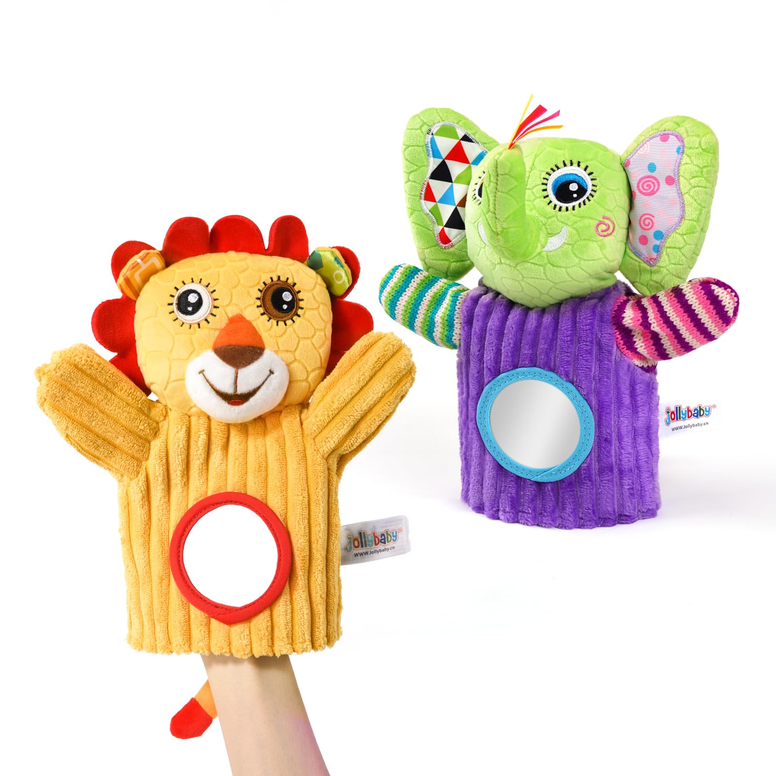 Photo 1 of Jollybaby Hand Puppets Baby Toy 0-6-12 Months, Plush Stuffed Animal Hand Puppets Toys for Kids?Sensory Doll with Rattle and Mirror for Toddler?Social Emotional Play Therapy Toys for Boy Girl Gift